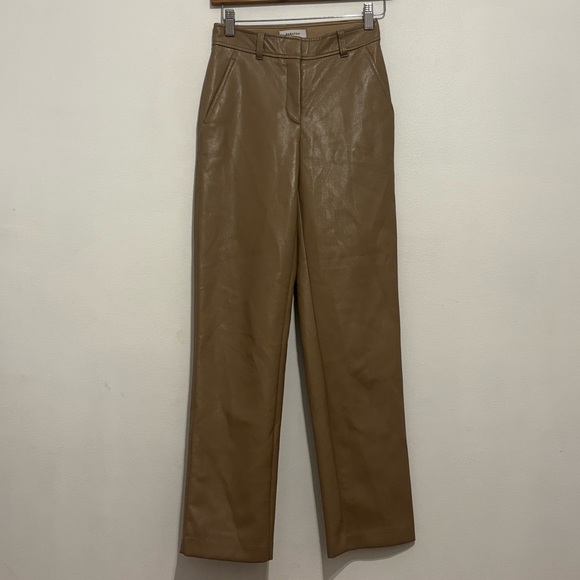 Babaton Pants - Aritzia Babaton Vegan Faux Leather Tan Straight Leg Trouser Pants Size 00 XXS
